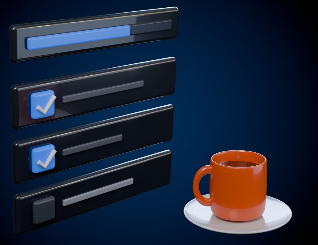3D task cards with blue check marks next to a coffee mug